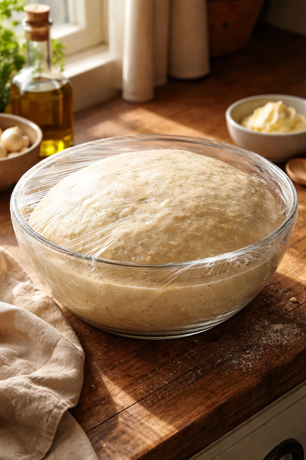 Dough rising in a bowl covered with plastic wrap