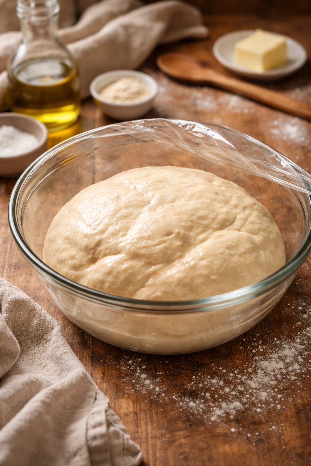 Dough in a greased bowl rising under a light cover