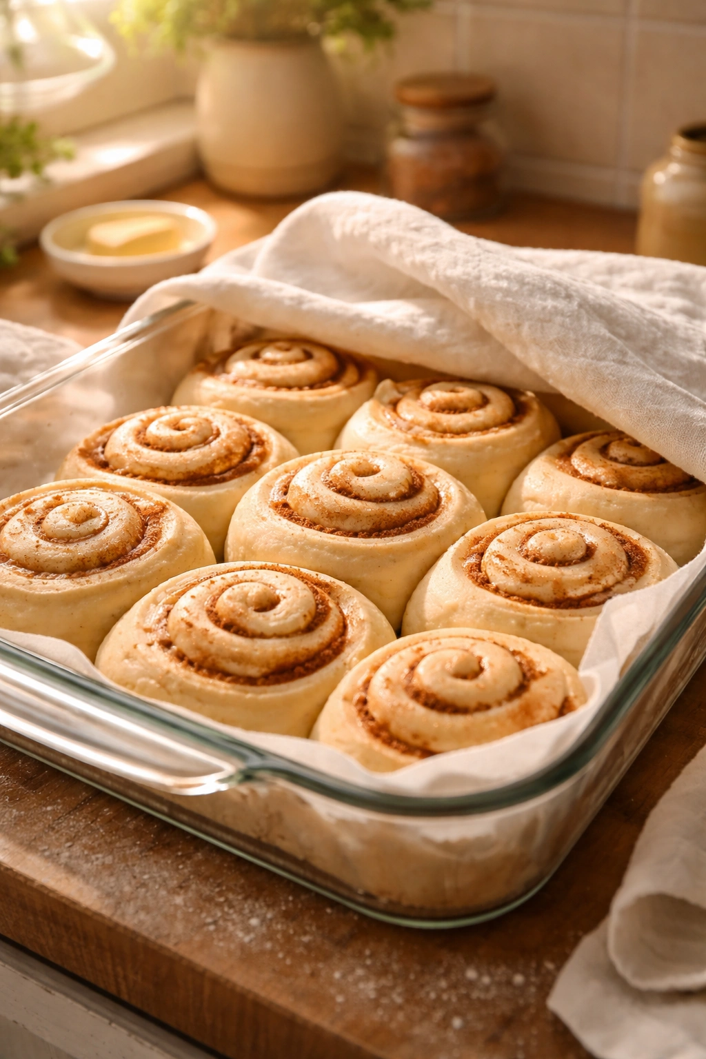Pan of cinnamon rolls rising under a loose cover in a warm kitchen