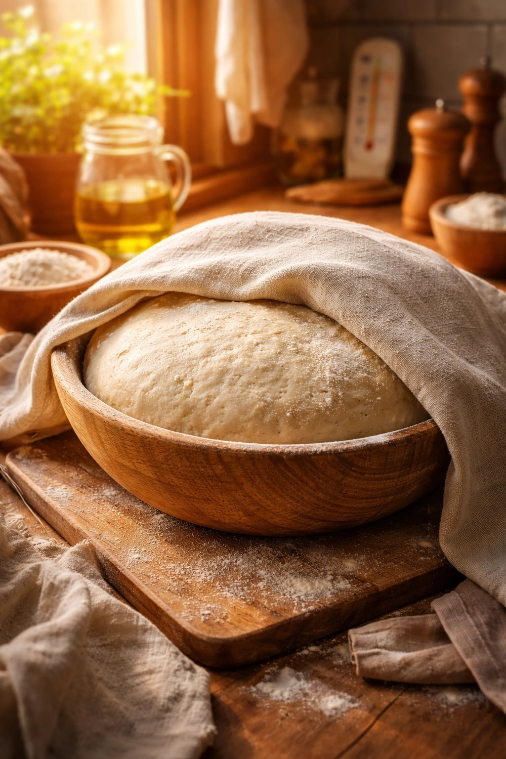 Dough resting in a warm, sunlit kitchen with a towel over it