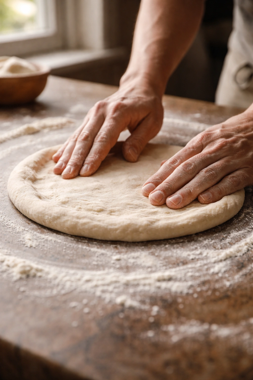 Hands shaping a round dough disk on a flour-dusted surface