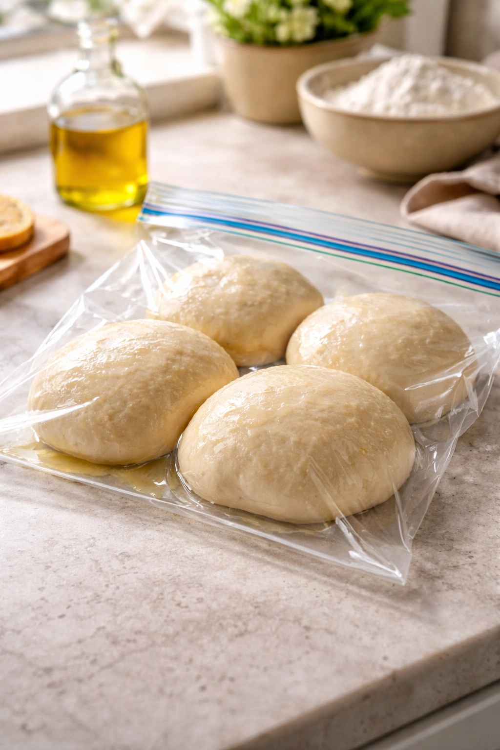 Dough portions oiled and stored in a sealable bag on a counter
