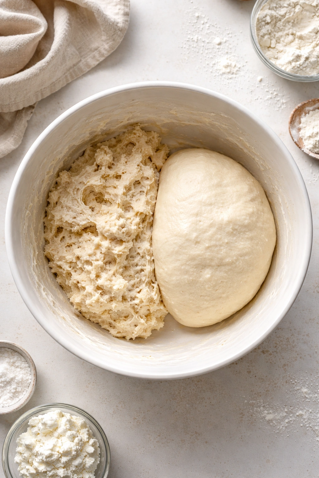 Close-up of two dough textures in a mixing bowl highlighting mistakes in cottage cheese flatbread dough