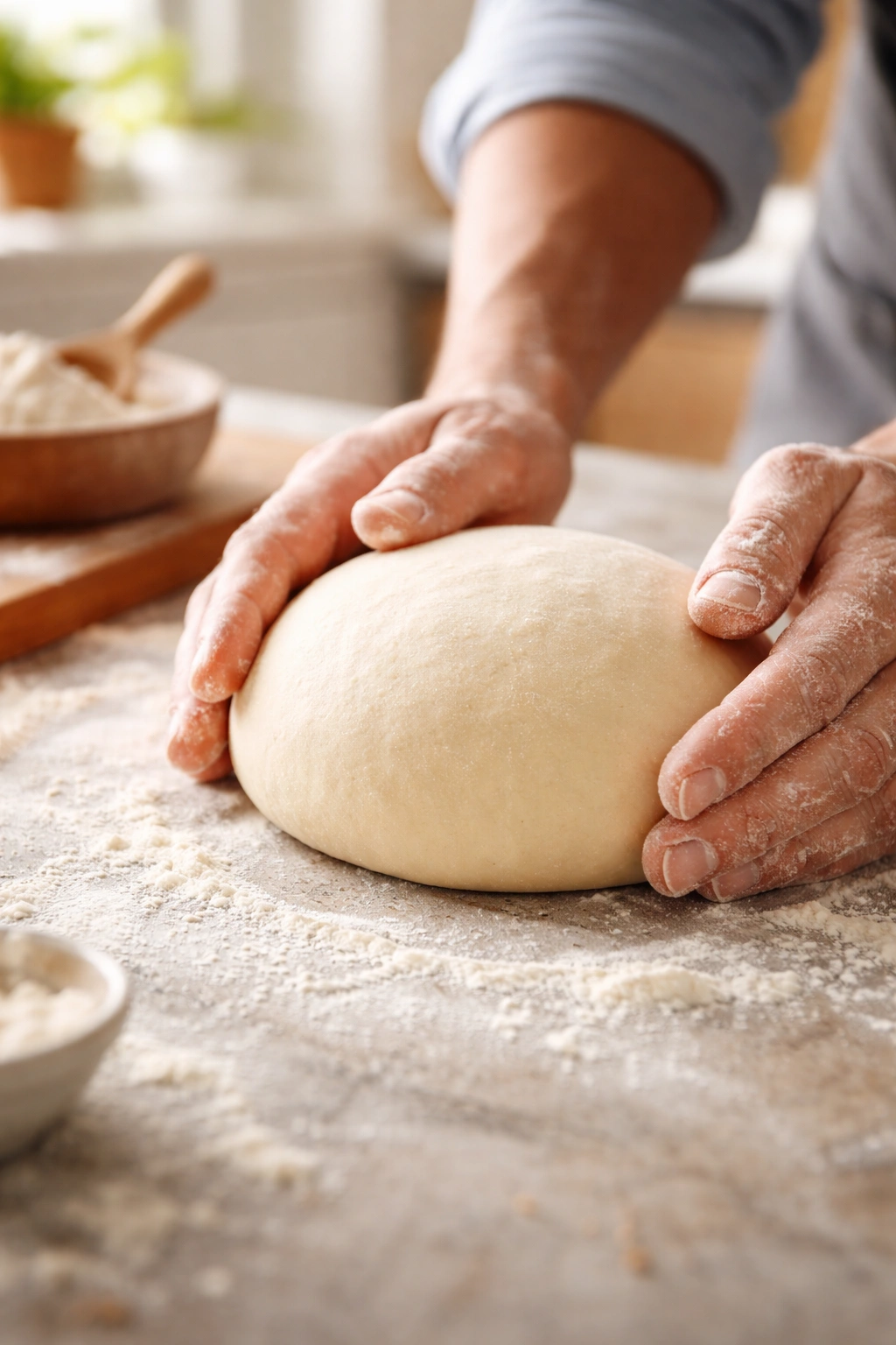 Dough ball being shaped on a floured surface in a bright kitchen.