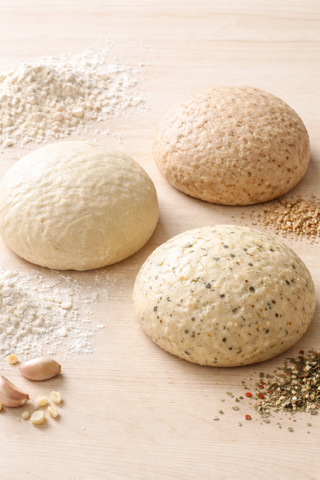 Three dough balls with varied textures on a wooden surface