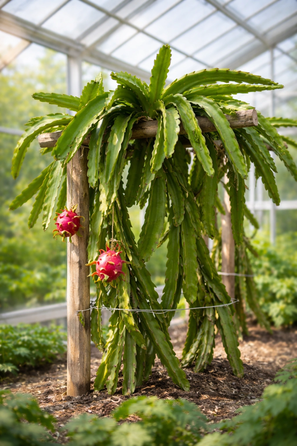 Healthy dragon fruit plant on trellis under bright light illustrating ideal growing conditions