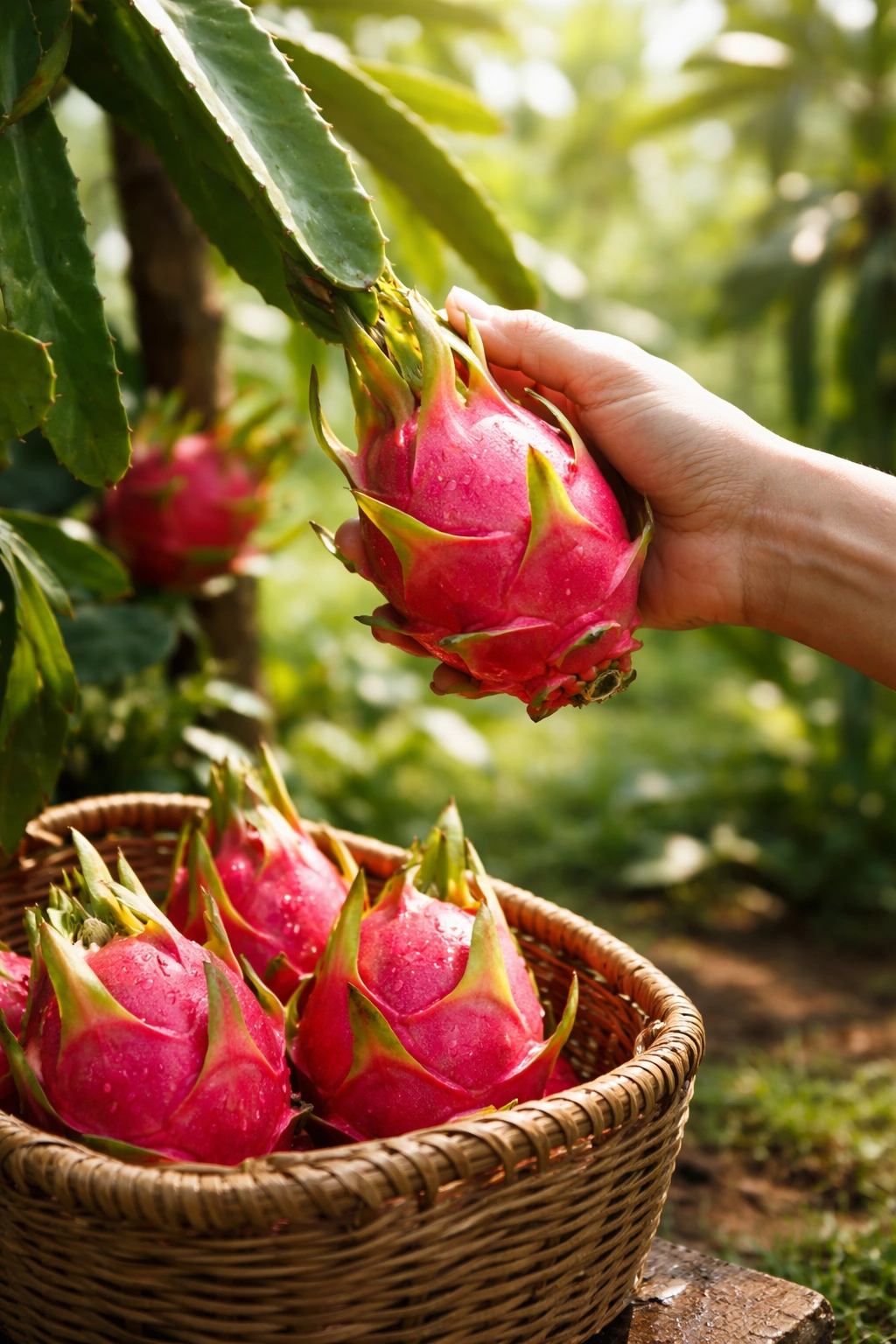 Close-up of a ripe dragon fruit being harvested from a vine in a sunlit tropical garden.
