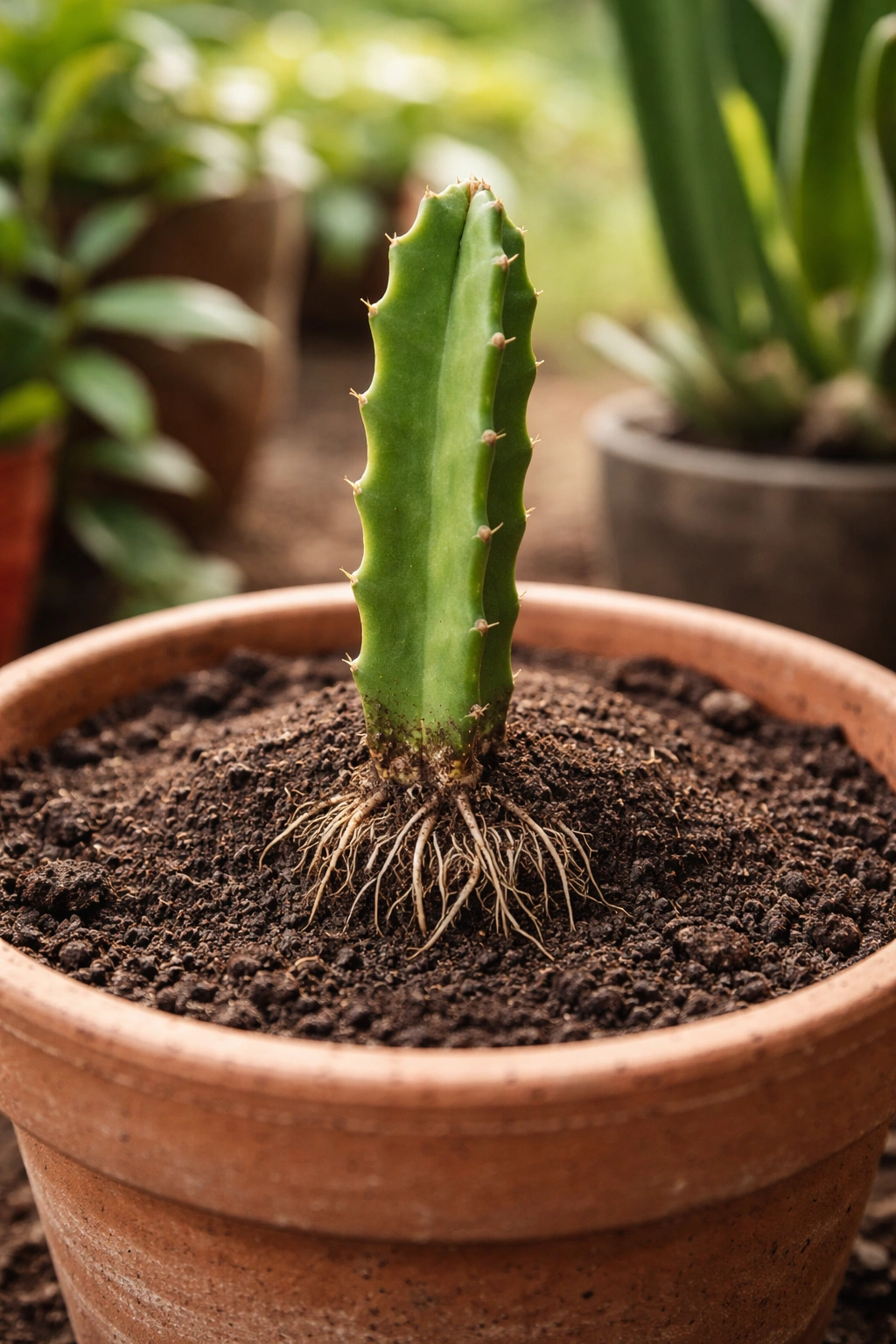 Dragon fruit cutting in potting soil ready for planting, single stem