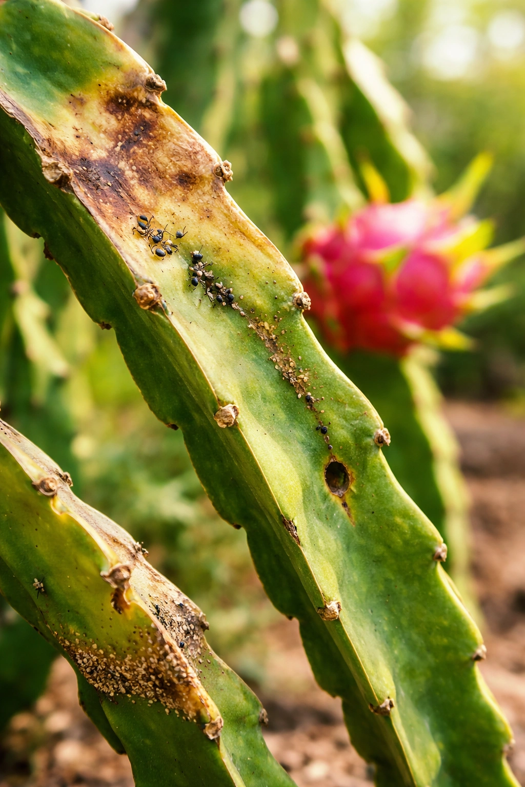 Close-up of dragon fruit plant showing stress indicators such as sunburned pads in a sunny garden.