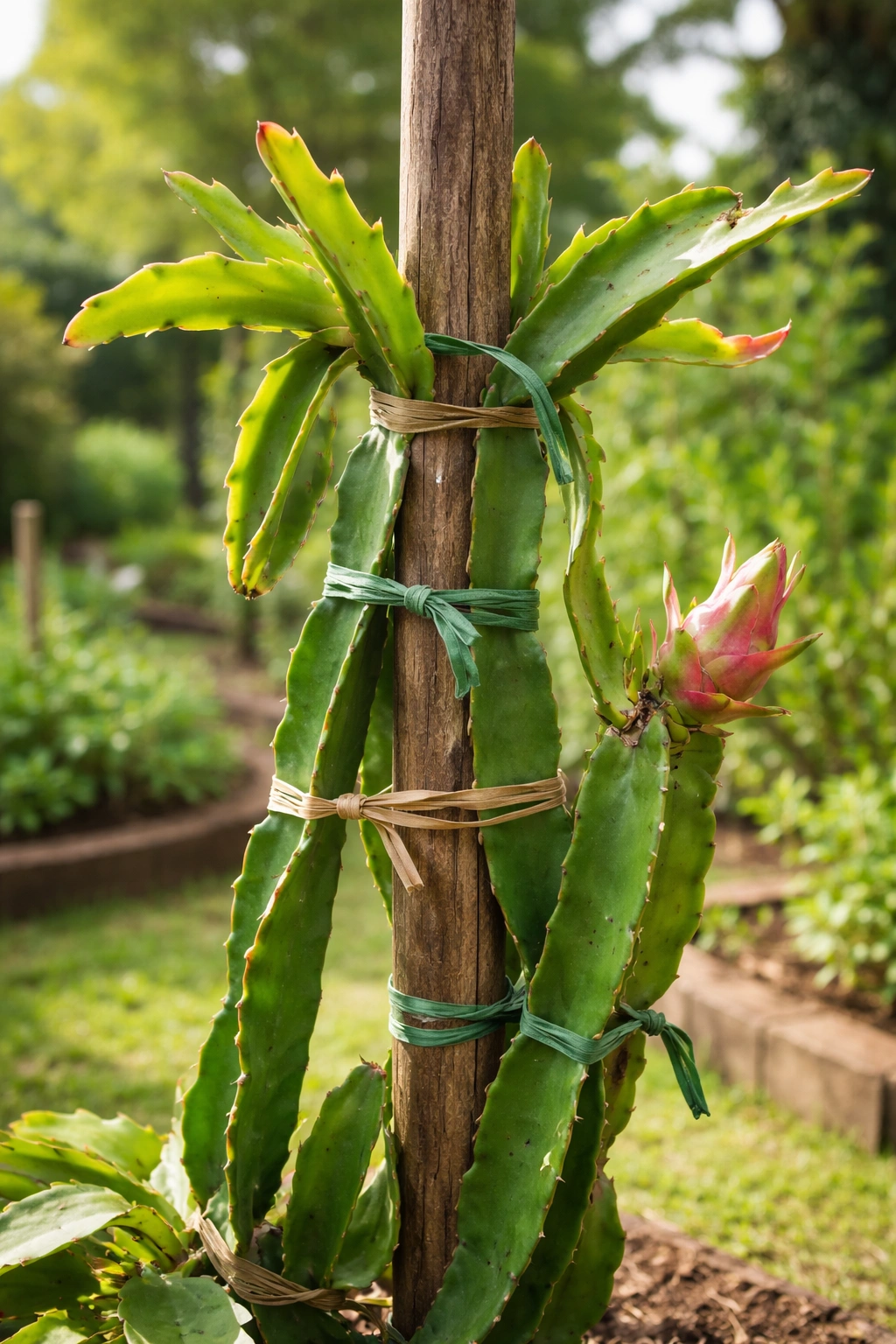 Dragon fruit plant showing pruning and staking for support