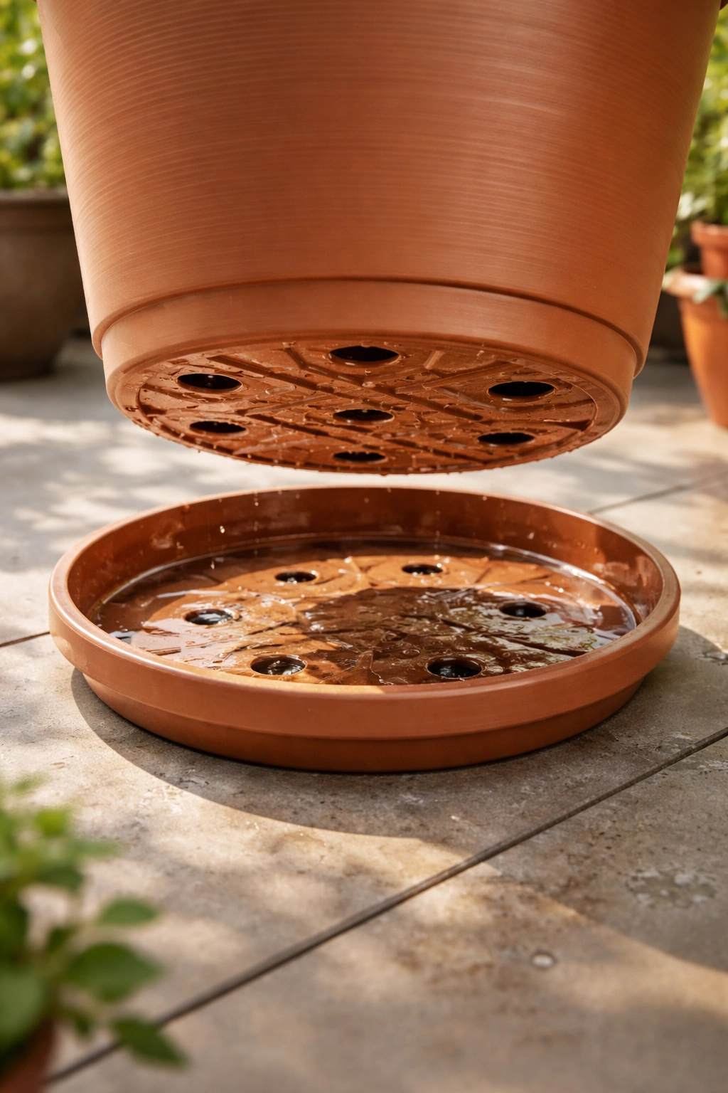 Planter with visible drainage holes and a saucer to collect excess water.