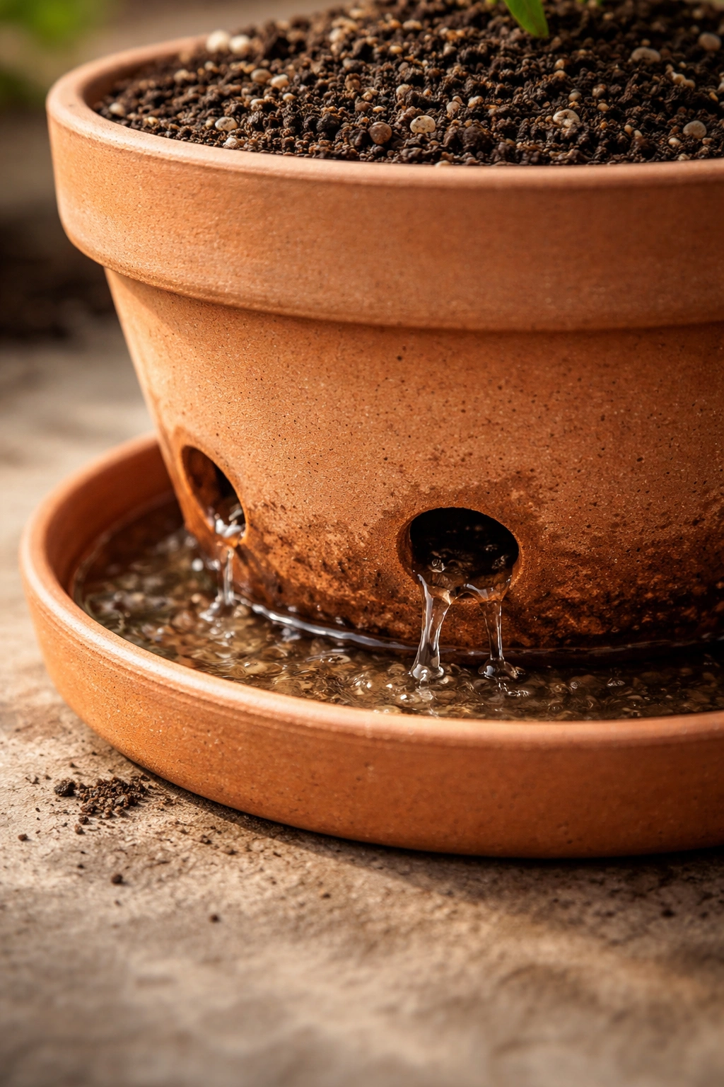 Terracotta pot with drainage holes and water draining into a saucer
