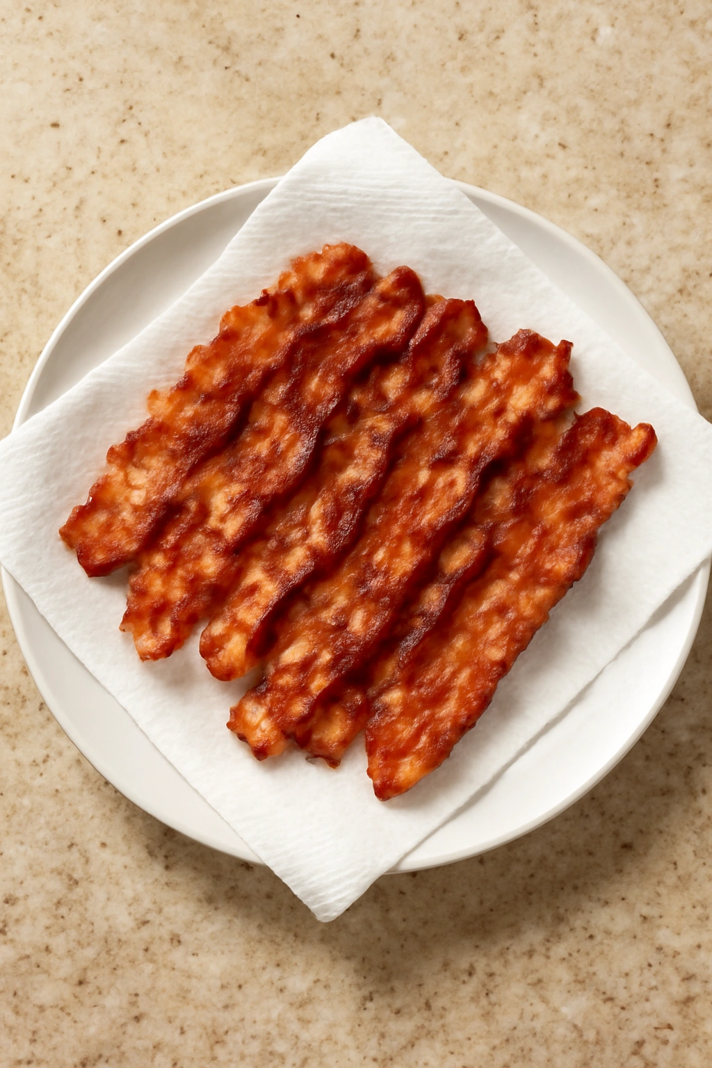 Bacon on paper towels draining fat on a plate