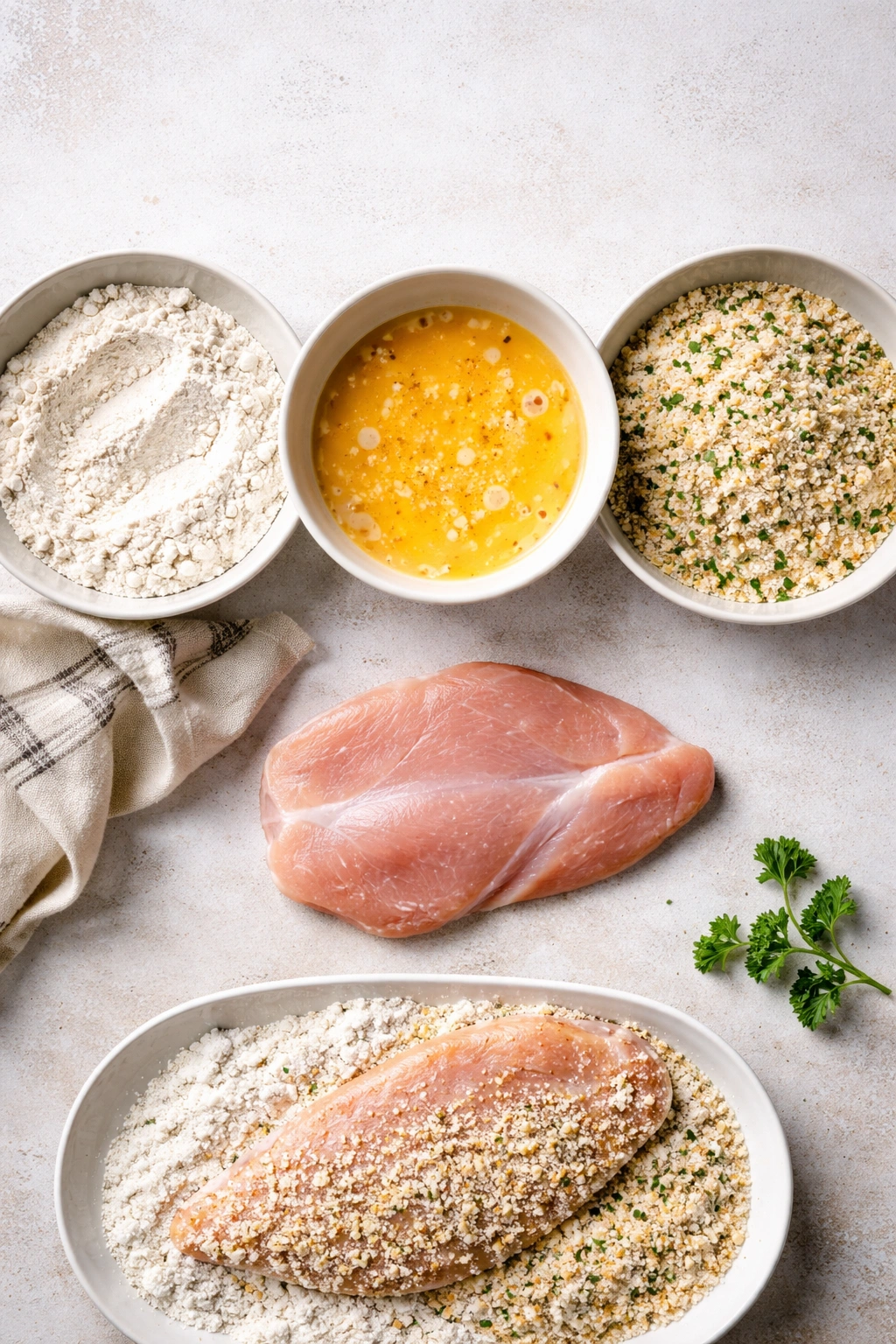 Dredging setup with flour, eggs, and parmesan coating bowls and chicken