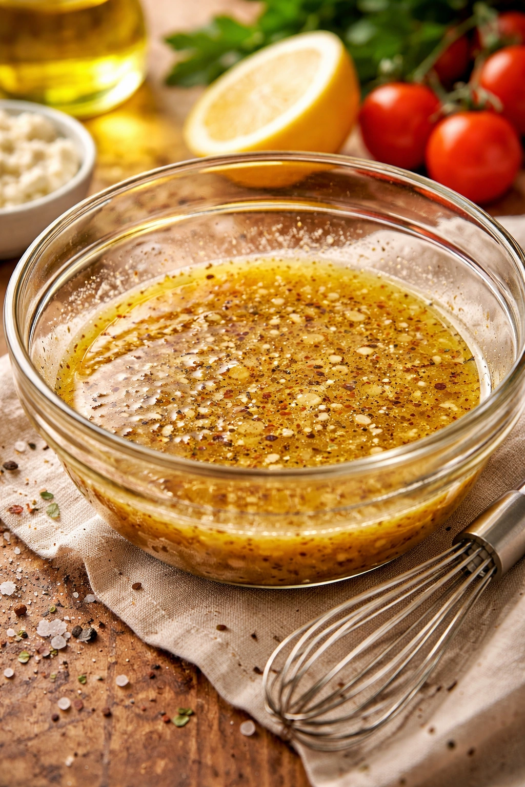 Emulsified Greek dressing in glass bowl with whisk