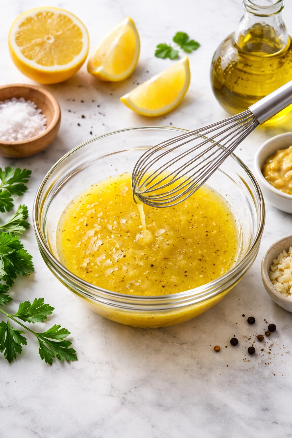 Glass bowl with lemon-olive oil dressing and whisk above, ready to dress the bowl.