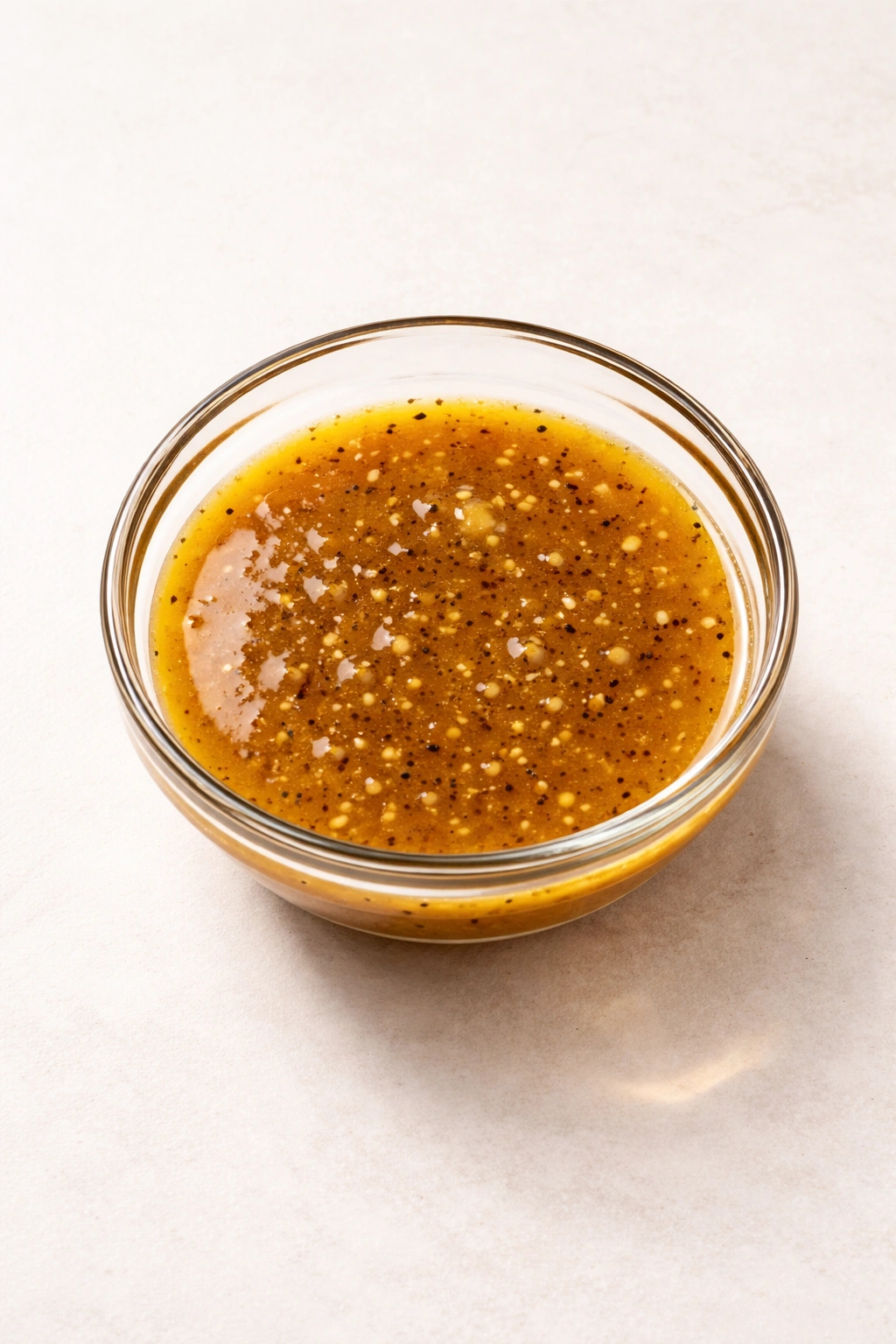Glossy emulsified dressing in a glass bowl with smooth surface