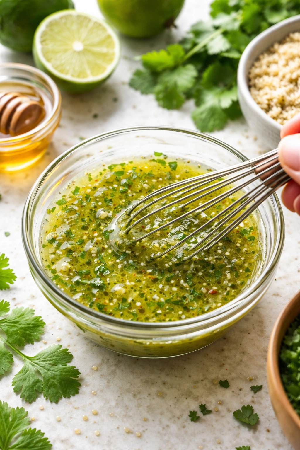 Bright lime honey cilantro dressing in a glass bowl
