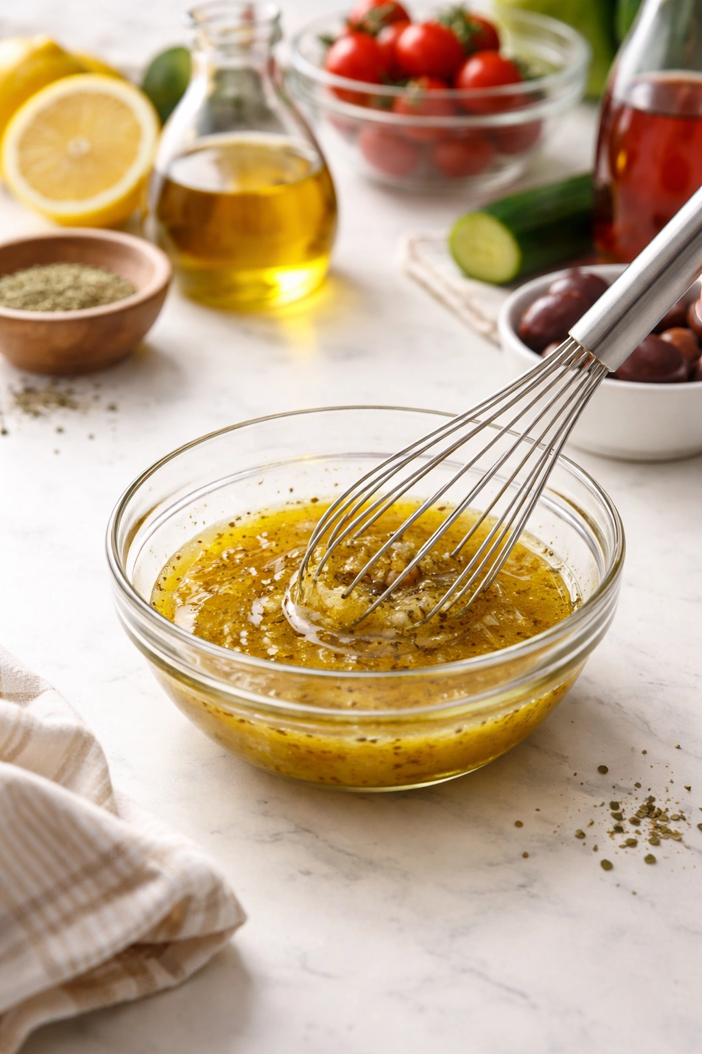 Small bowl with whisk stirring dressing on a white countertop