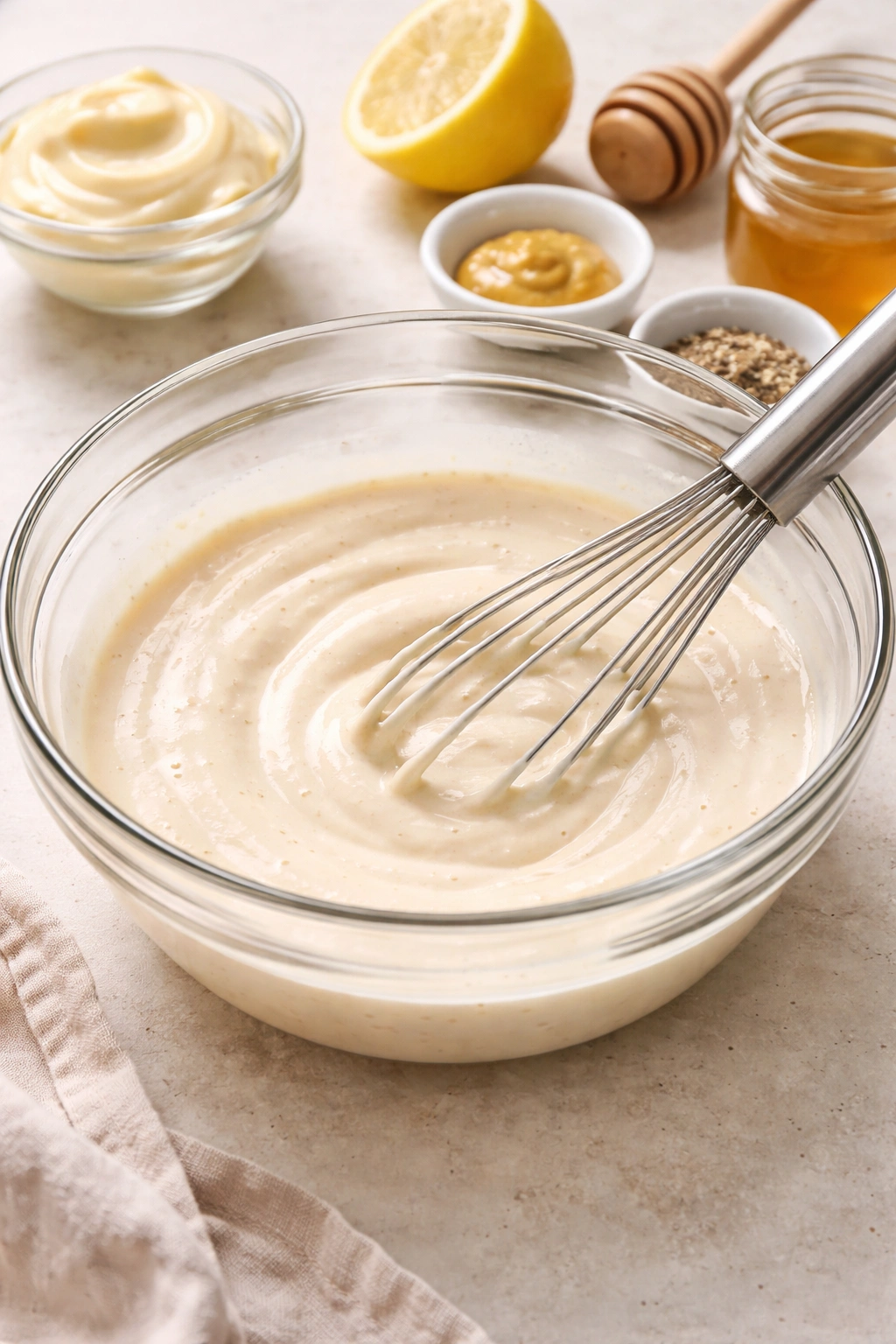 Creamy mayo-based dressing in a bowl with a whisk