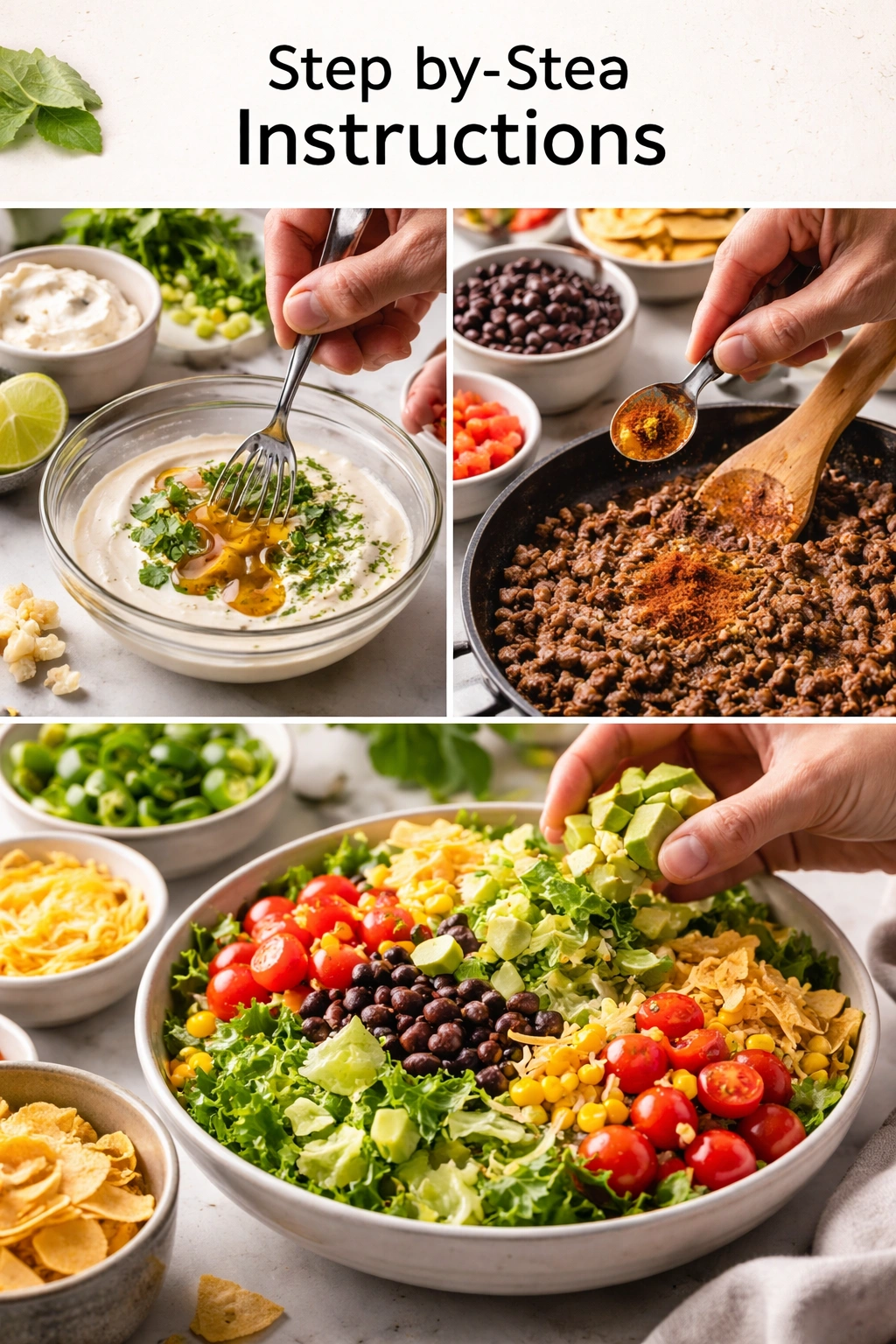 Hands preparing dressing, toasting spices, and chopping vegetables in a step-by-step sequence