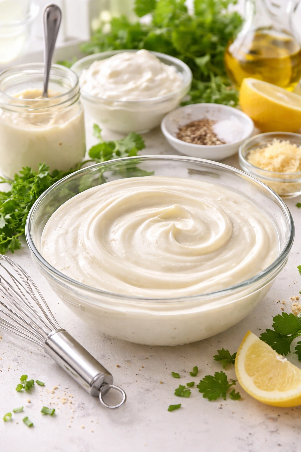 Creamy dressing swirled in glass bowl on bright counter
