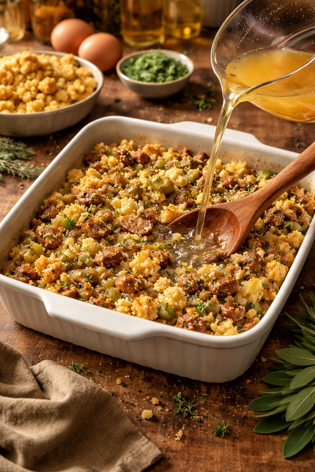 Dressing in a pan ready for mixing with a spoon