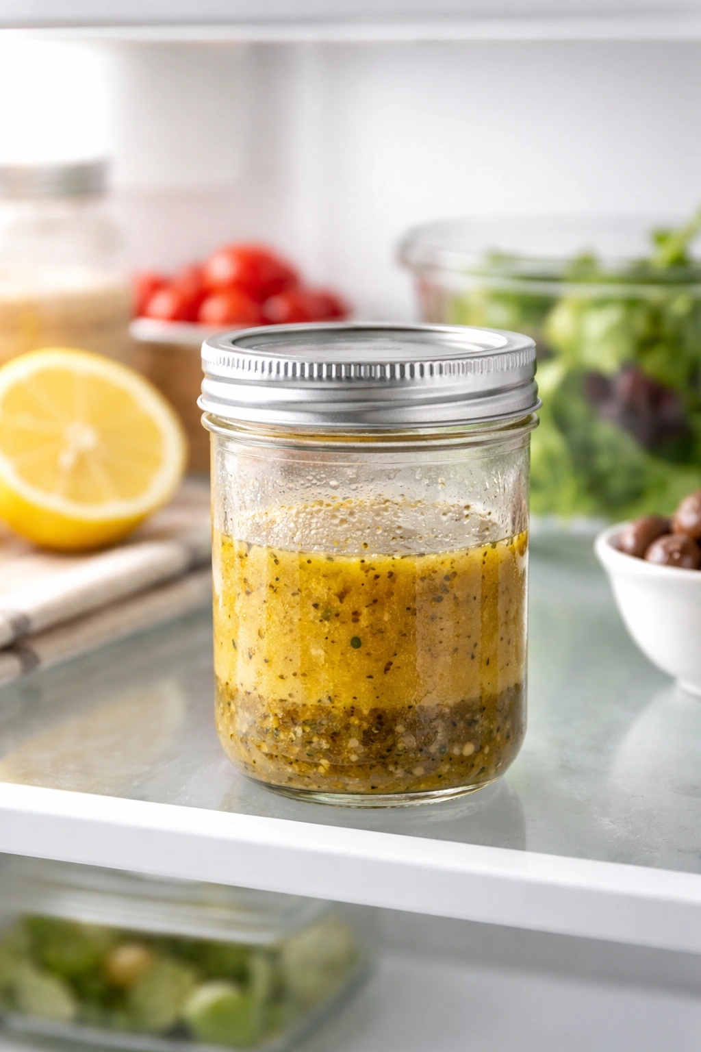 Sealed glass jar of Greek dressing stored in a cool kitchen setting