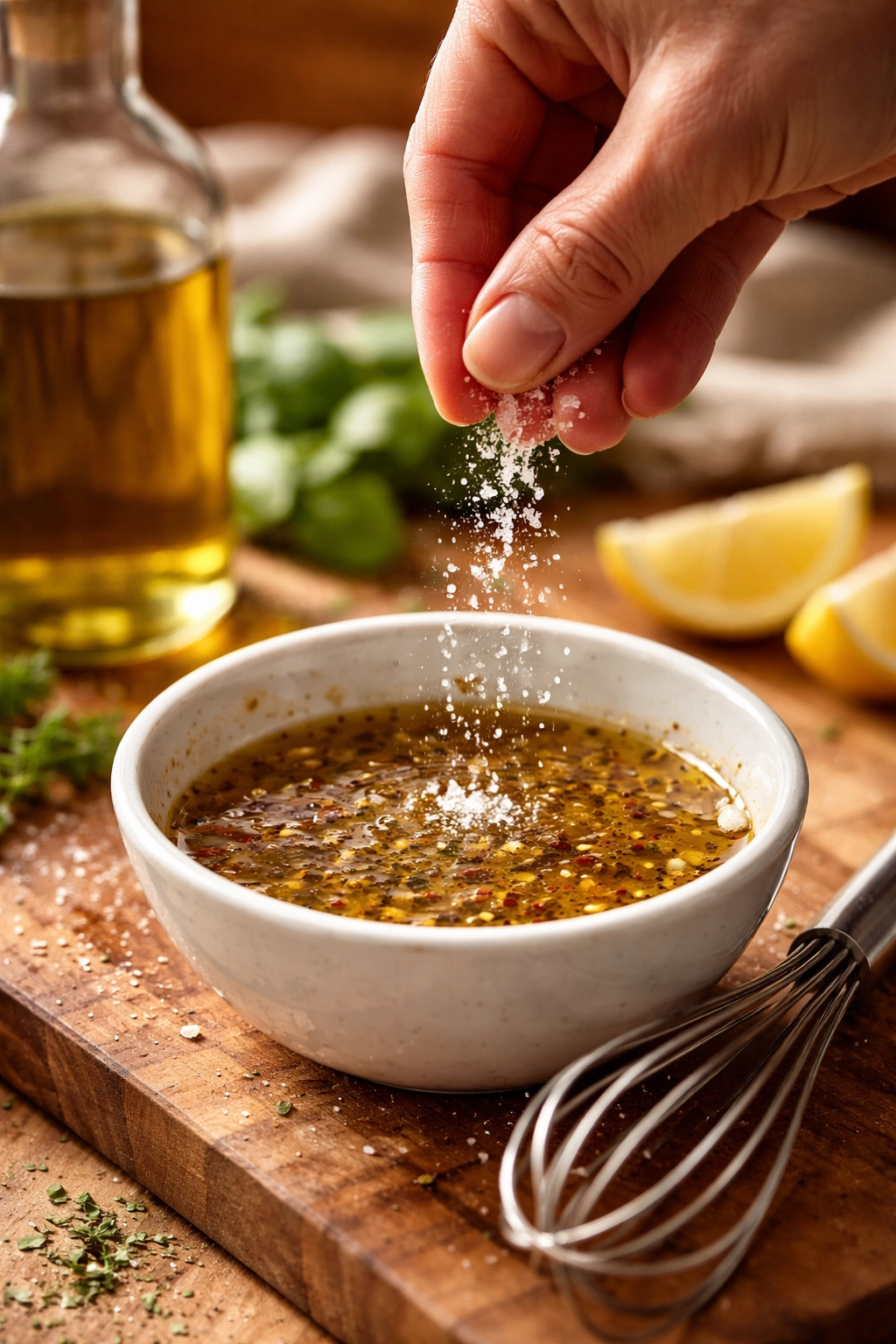 Hand sprinkling salt into dressing in a bowl with oil bottle in the background.