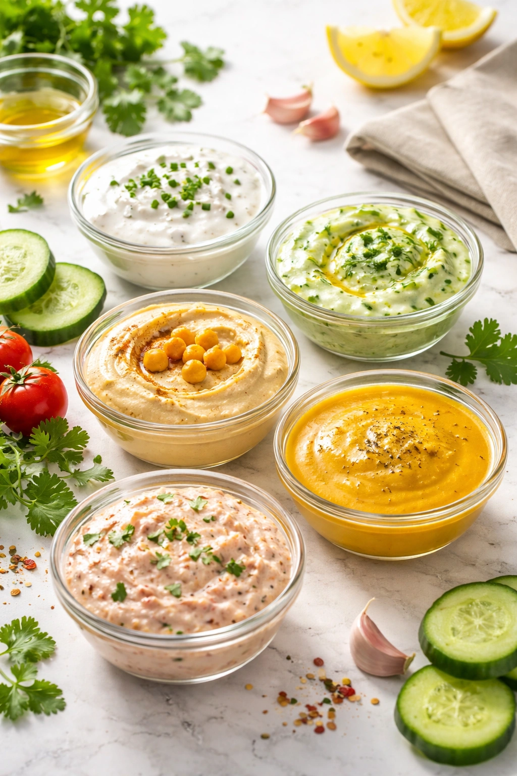 Assorted dressings and sauces in small bowls on a clean kitchen counter