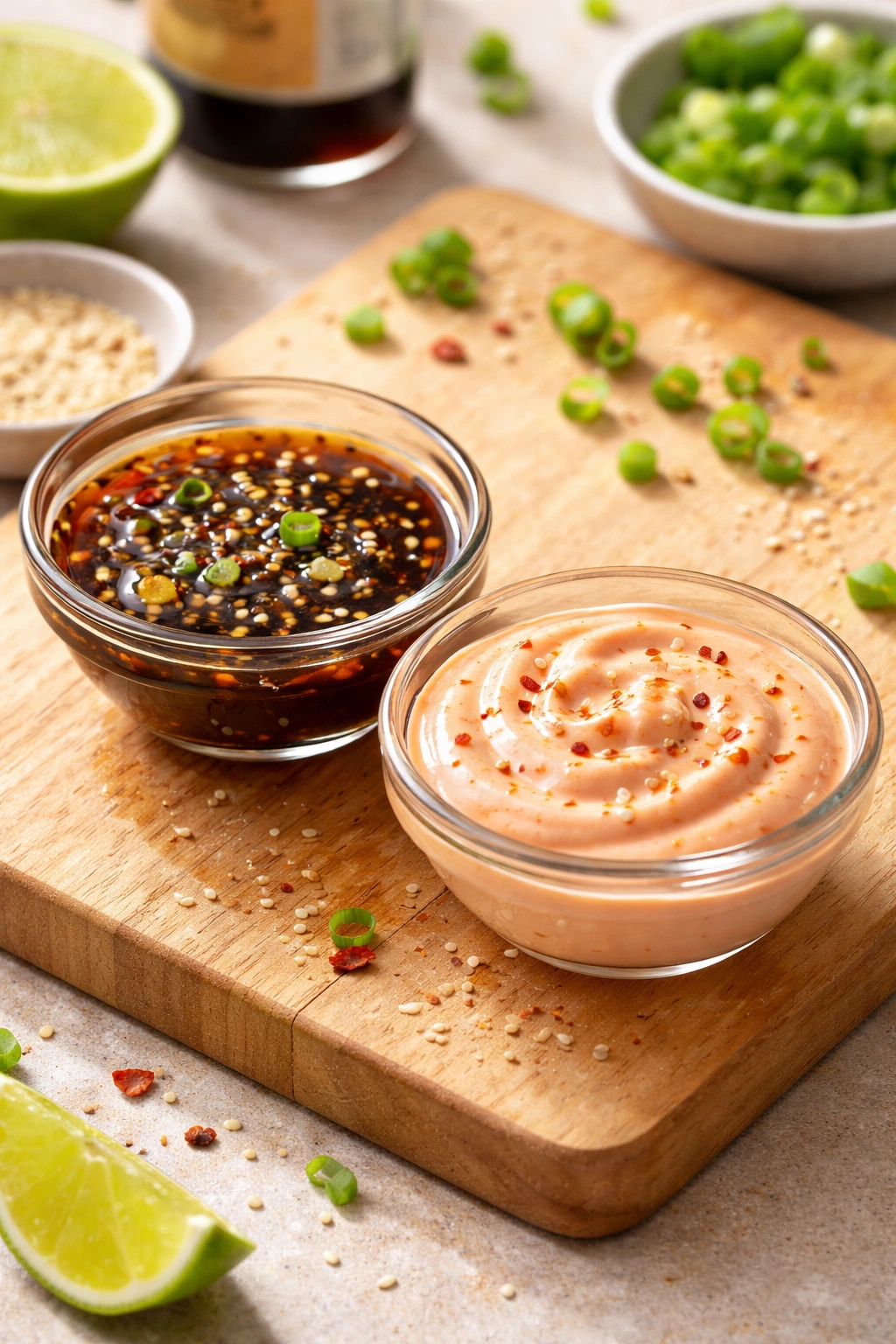 Two dressings in small bowls: sesame-soy and spicy mayo