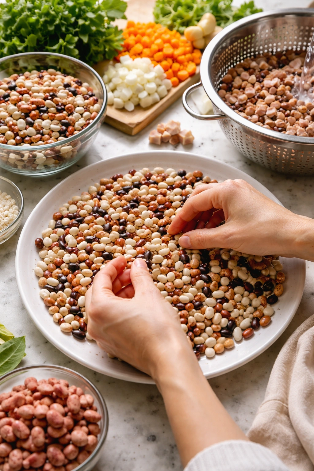 Close-up of hands sorting dried beans on a light plate in a bright kitchen
