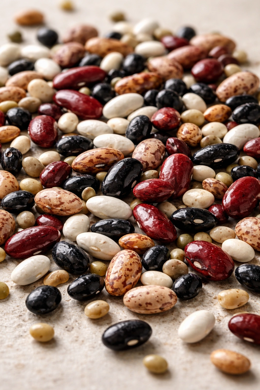 Close-up of mixed dried beans showing texture and color on a neutral surface.