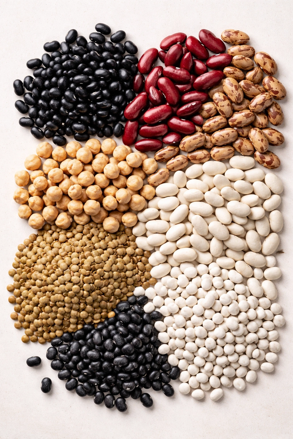 Top-down view of assorted dried beans on a light background showing variety
