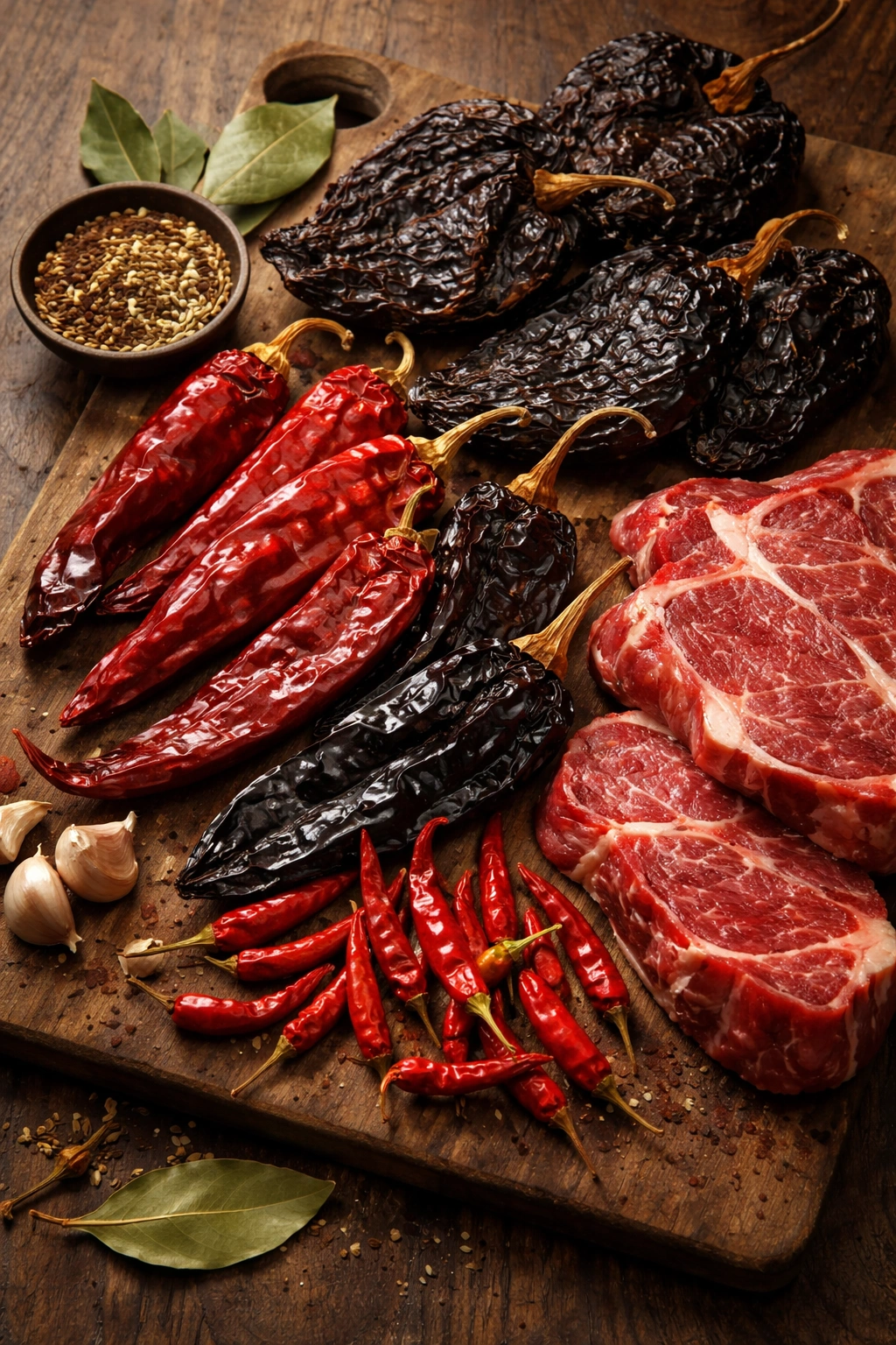 Dried chiles guajillo ancho arbol on wooden board