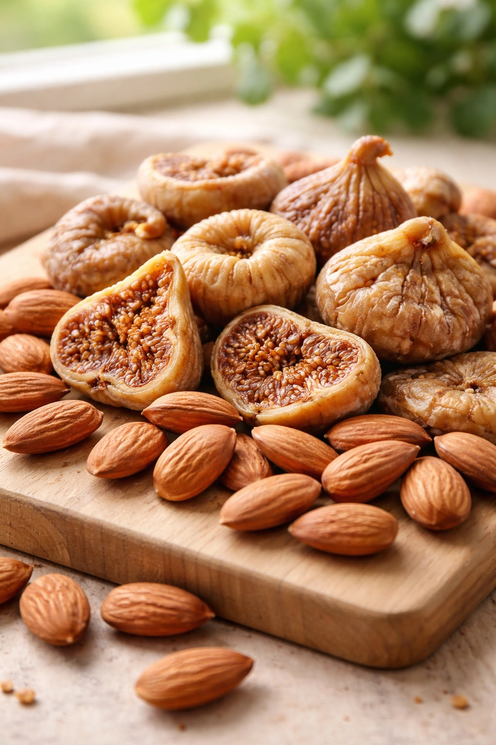 Close-up of dried figs and almonds arranged on a wooden cutting board
