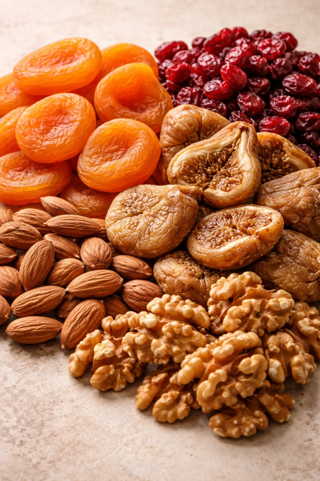 Close-up of dried fruits and nuts on a neutral surface