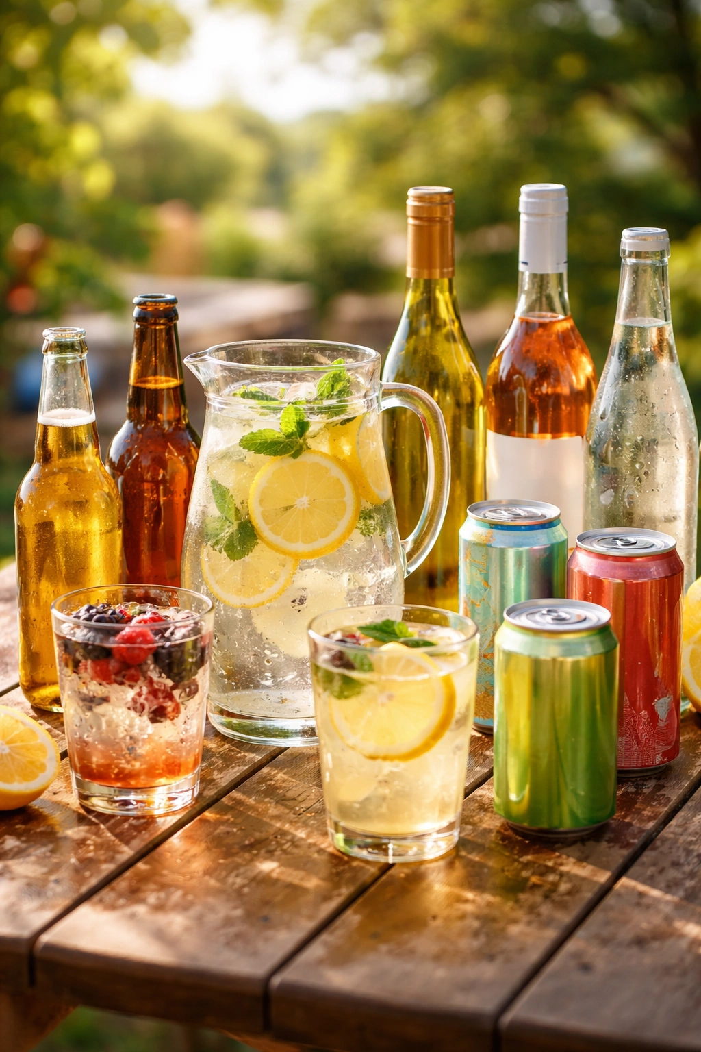 Assorted drinks with blank, label-free containers on a table outdoors.