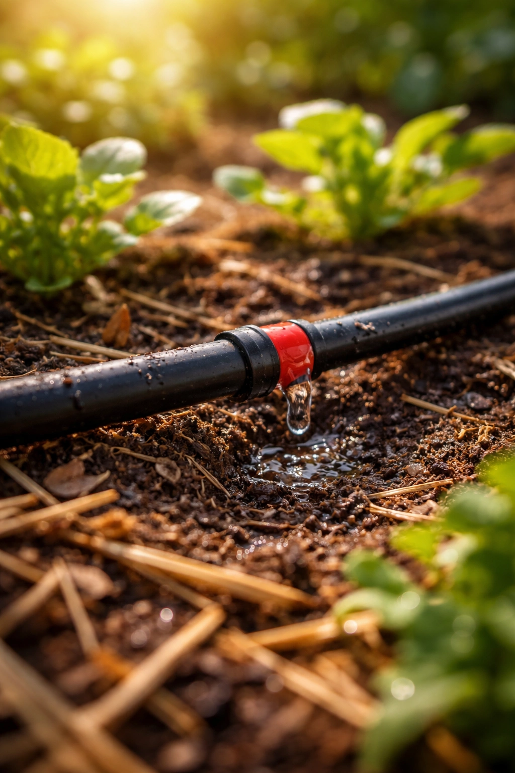 Drip irrigation emitter in garden bed