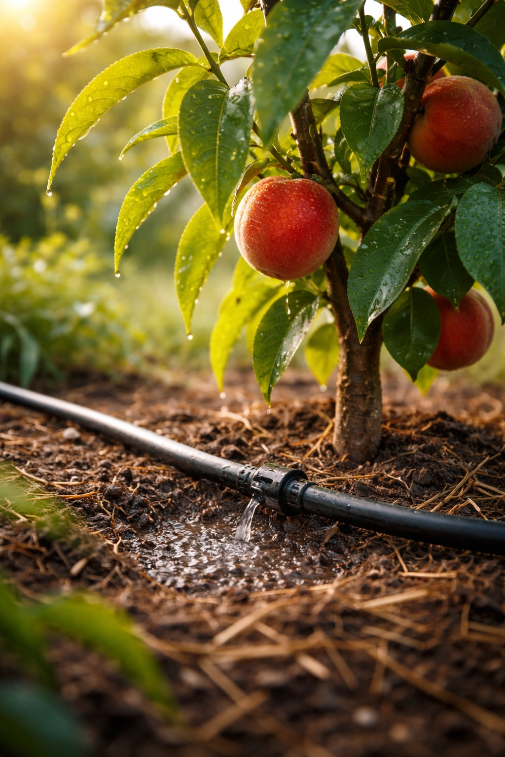 Fruit plant with drip irrigation delivering water to base