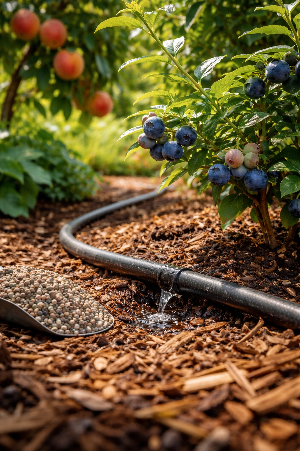 Drip irrigation line delivering water to fruit plant bed in garden with mulch.