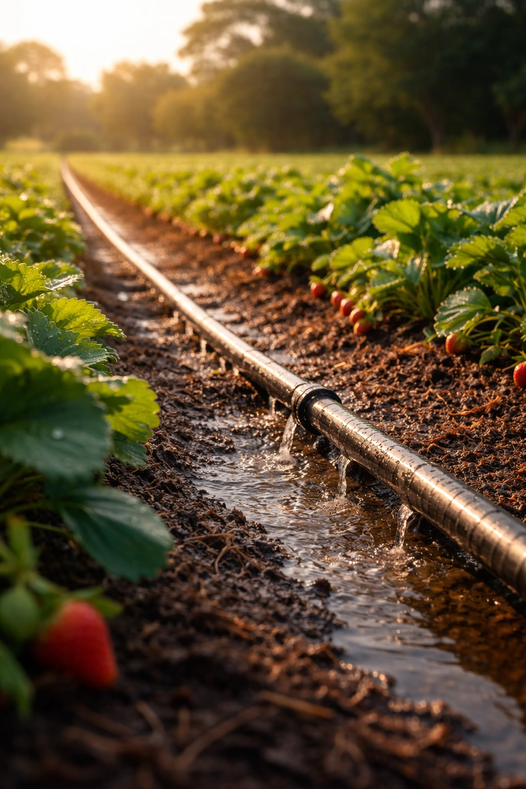 Drip irrigation system in a field delivering water to crops