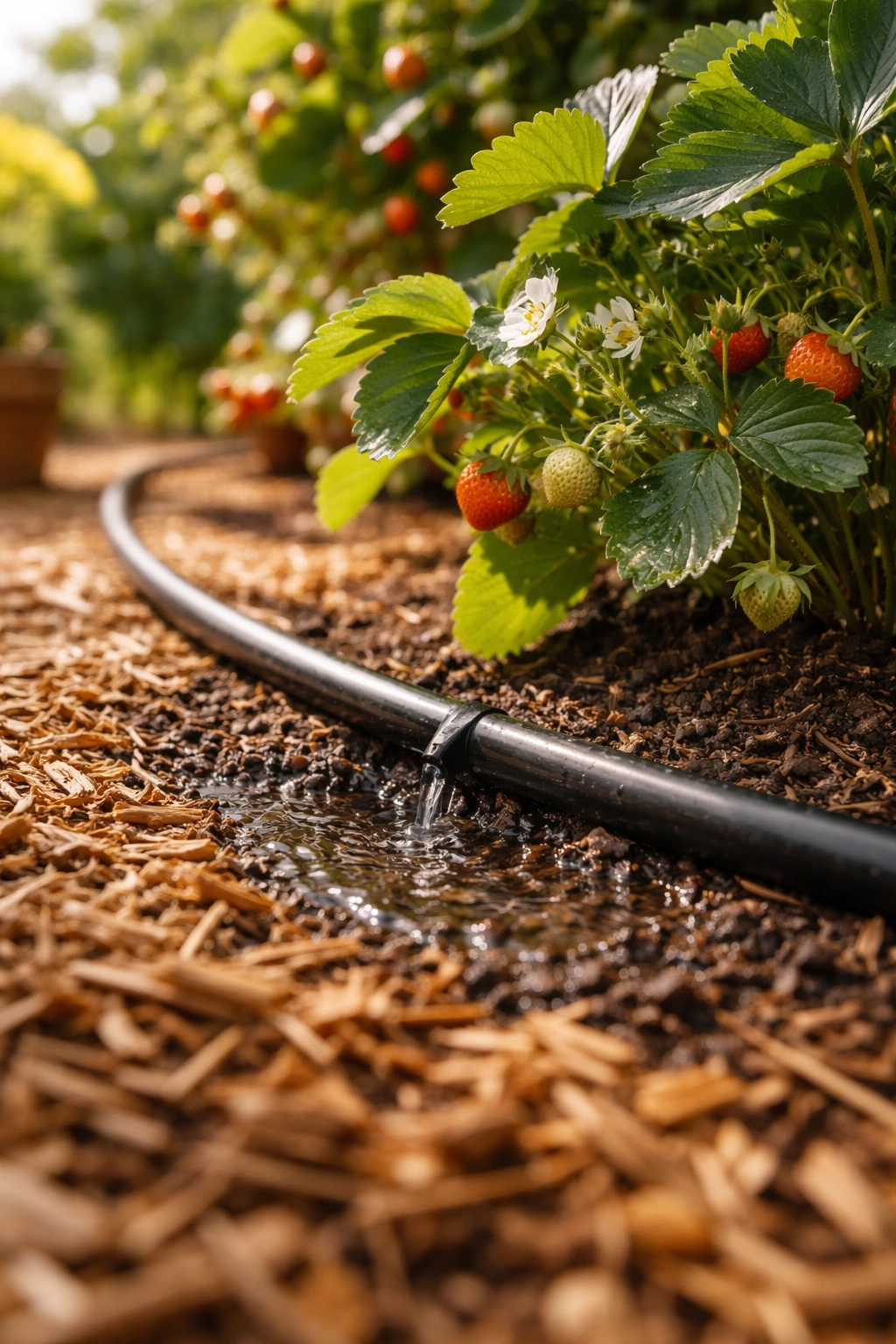 Drip irrigation delivering water to fruit plants with mulch