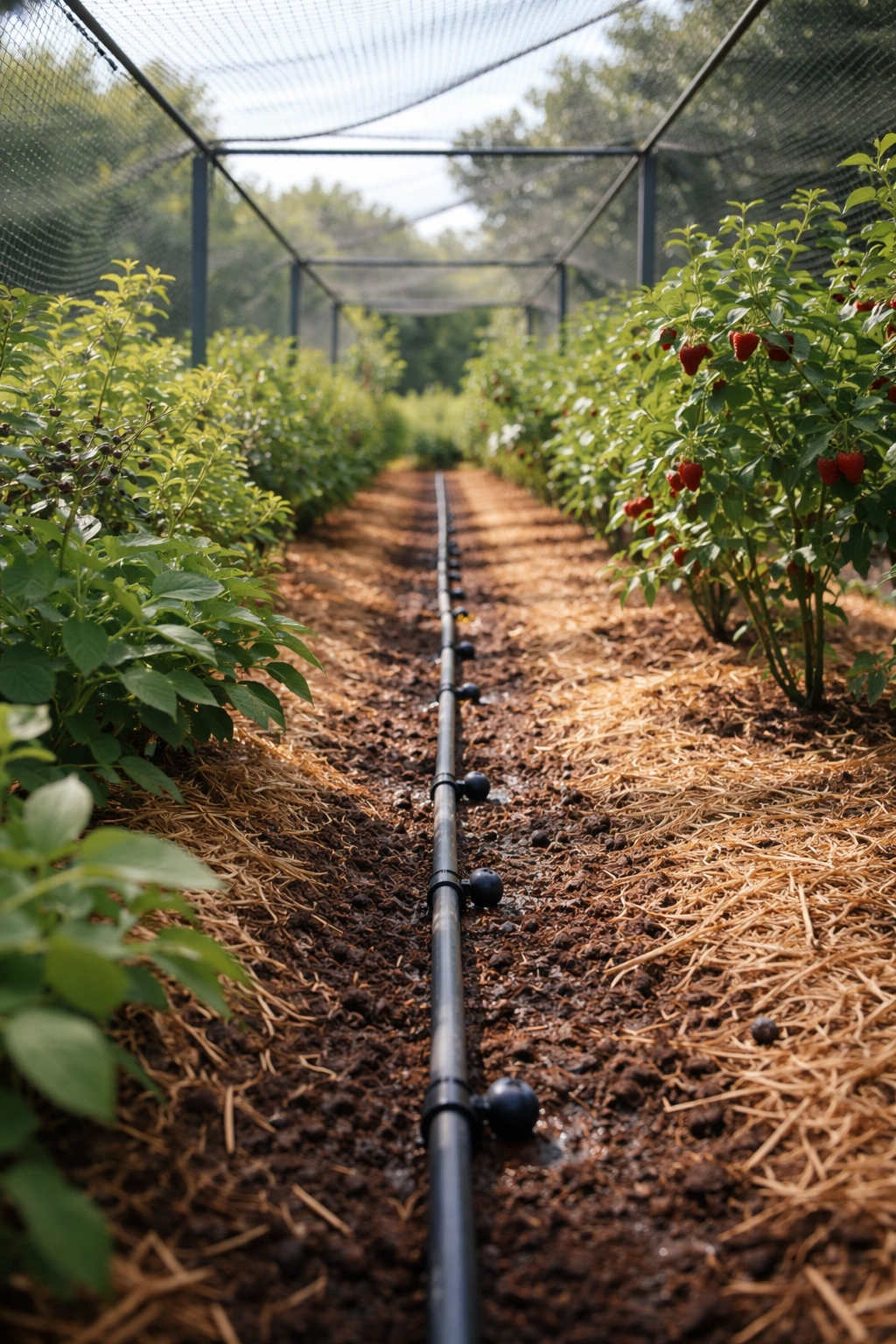 Drip irrigation lines inside a fruit cage delivering precise watering to plants.