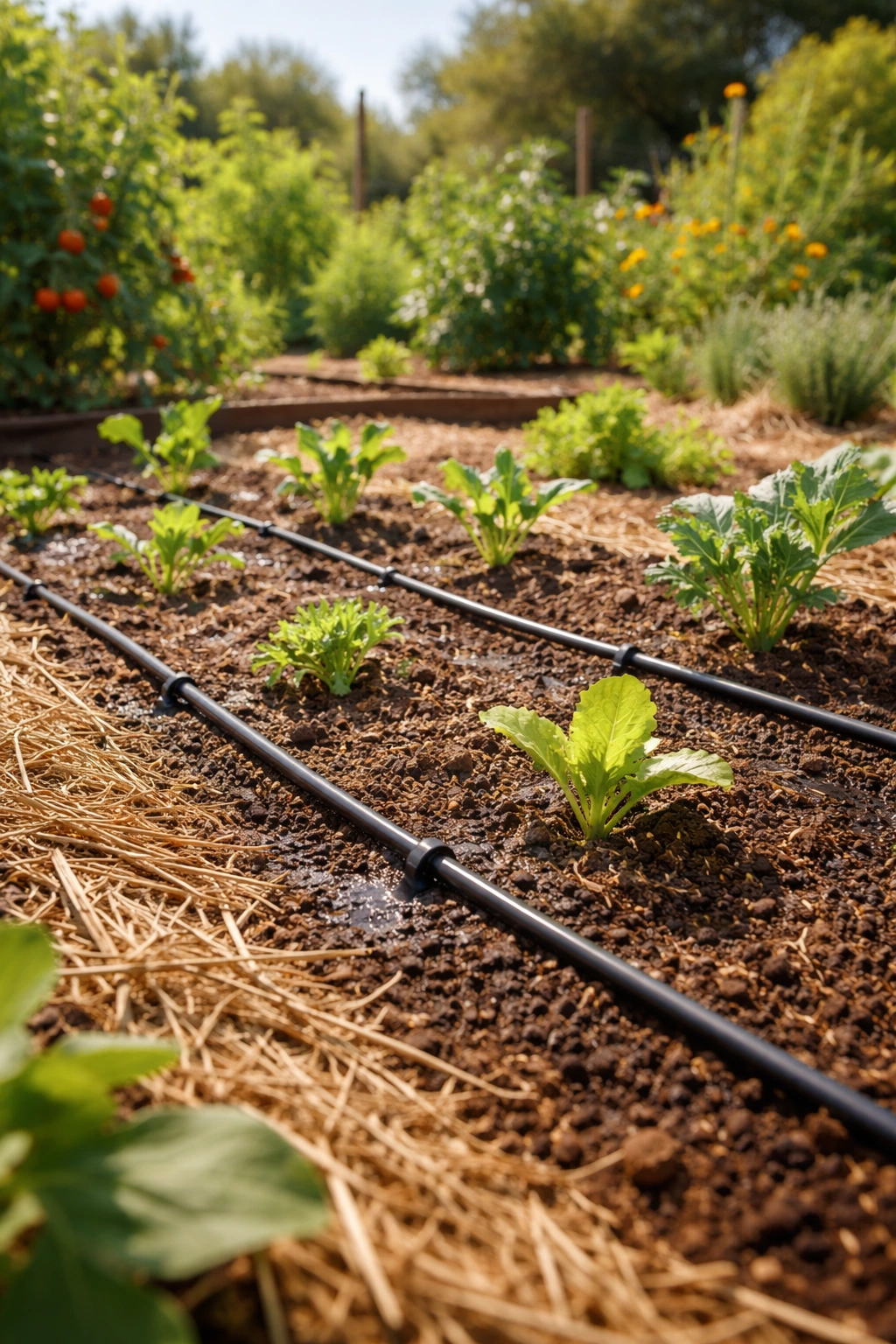 Drip irrigation watering young transplants in an August garden