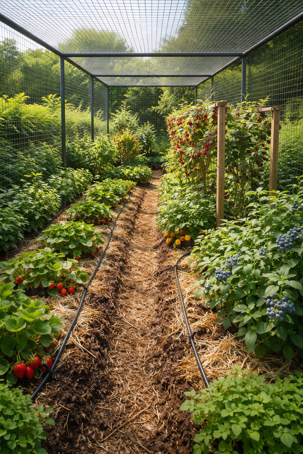 Drip irrigation and mulched beds inside fruit cage with thriving plants