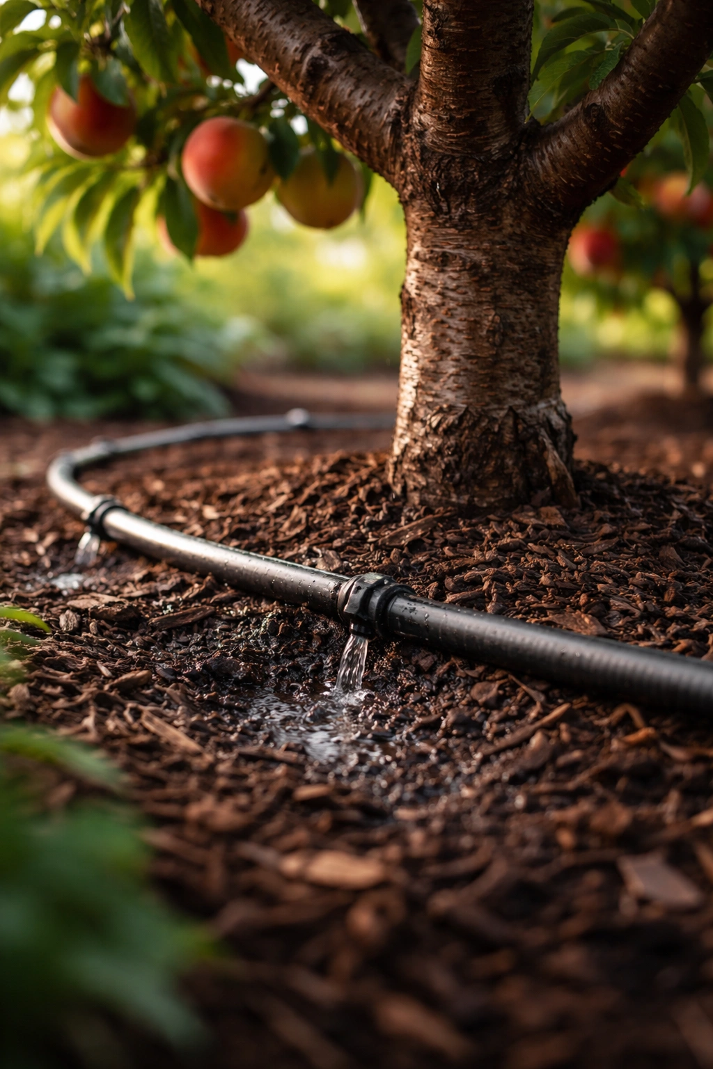Drip irrigation tubing and emitters along a fruit tree drip line with mulch, illustrating efficient water management.