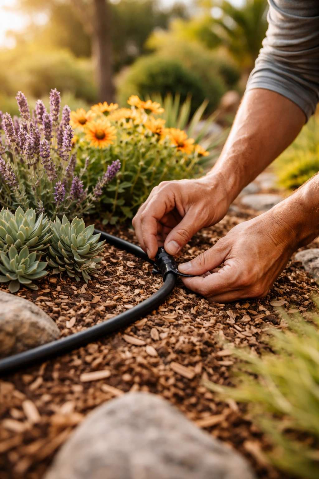 Close-up of gardener's hands guiding drip irrigation around drought-tolerant plants in a sunlit San Diego garden
