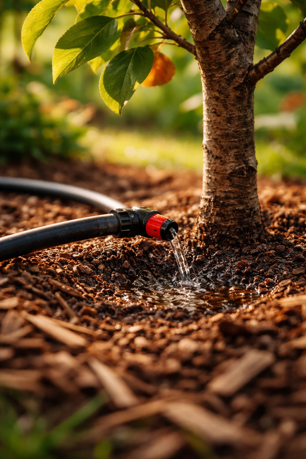 Close-up of drip irrigation delivering water to a young fruit tree in mulch.