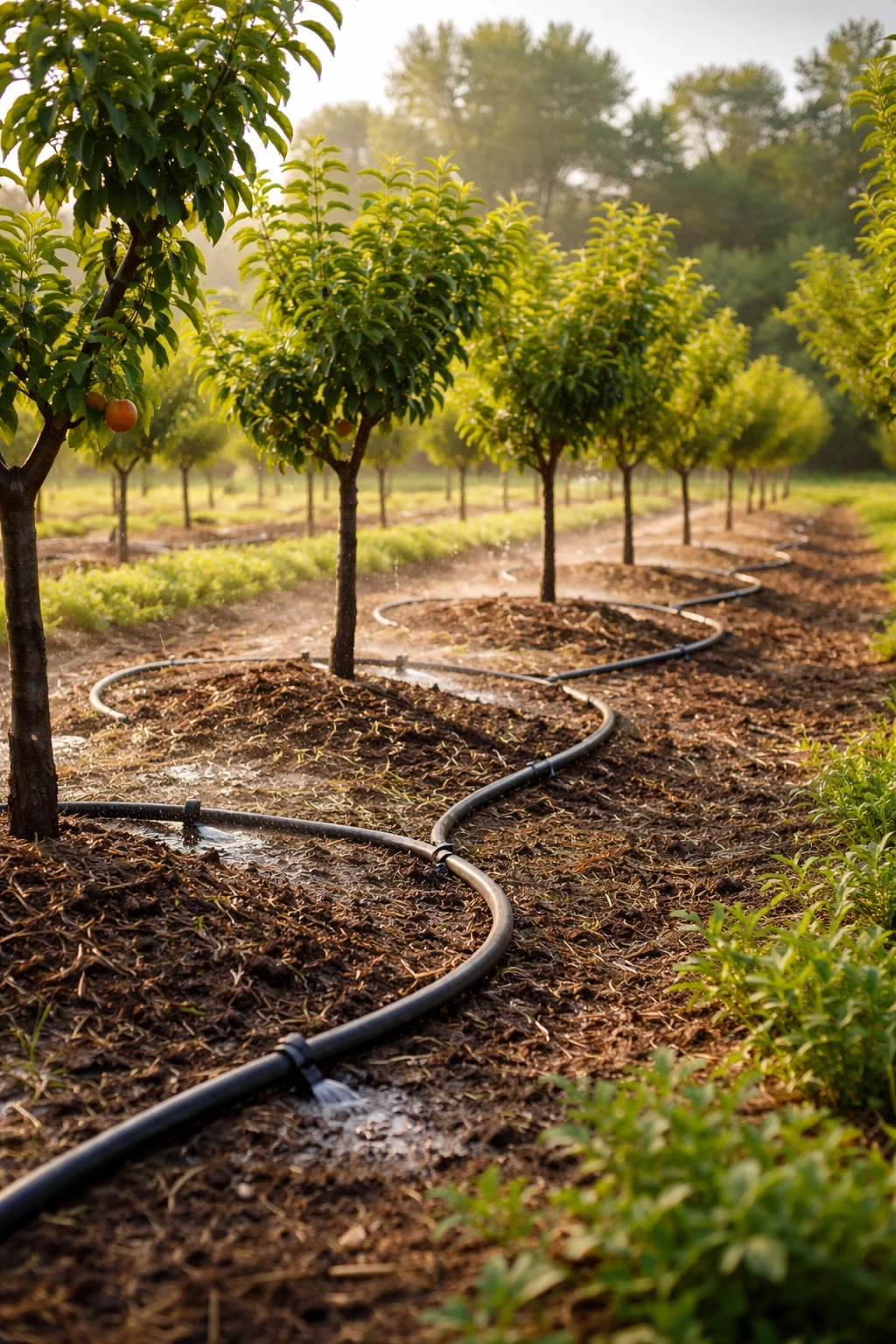 Drip irrigation lines watering fruit trees in orchard
